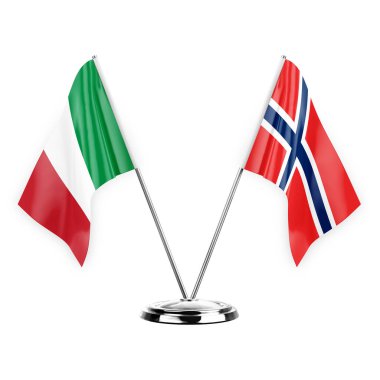 Two table flags isolated on white background 3d illustration, italy and norway