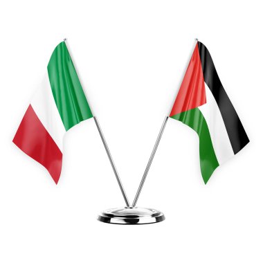 Two table flags isolated on white background 3d illustration, italy and palestine