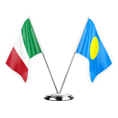 Two table flags isolated on white background 3d illustration, italy and palau