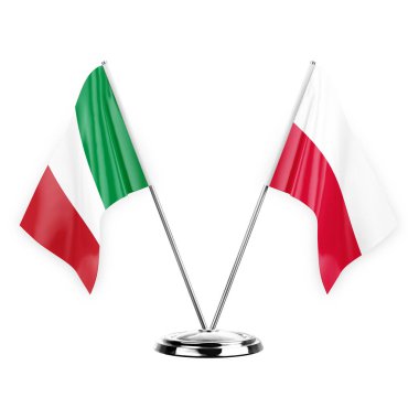 Two table flags isolated on white background 3d illustration, italy and poland