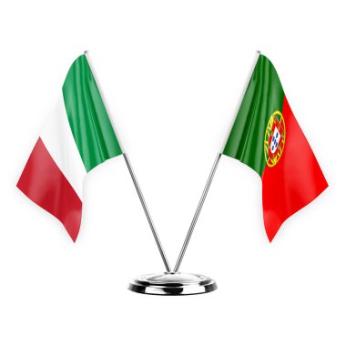 Two table flags isolated on white background 3d illustration, italy and portugal