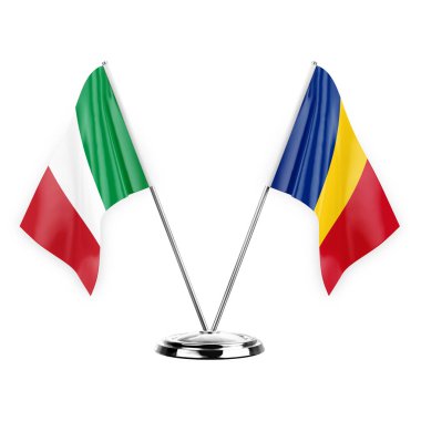 Two table flags isolated on white background 3d illustration, italy and romania
