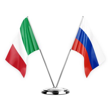 Two table flags isolated on white background 3d illustration, italy and russia