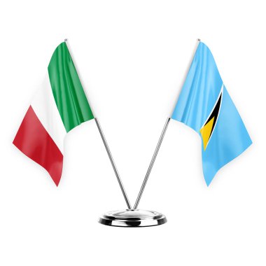 Two table flags isolated on white background 3d illustration, italy and saint lucia