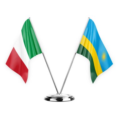 Two table flags isolated on white background 3d illustration, italy and rwanda