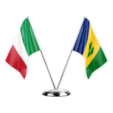 Two table flags isolated on white background 3d illustration, italy and saint vincent and the grenadines