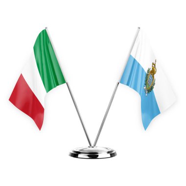 Two table flags isolated on white background 3d illustration, italy and san marino
