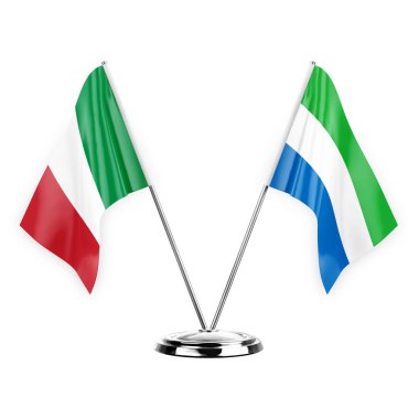 Two table flags isolated on white background 3d illustration, italy and sierra leone