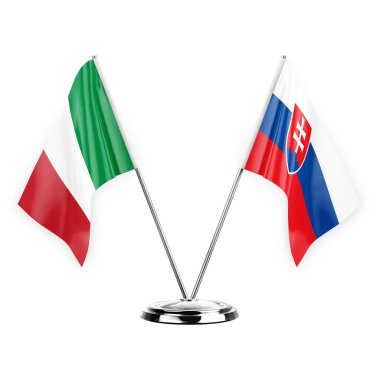 Two table flags isolated on white background 3d illustration, italy and slovakia