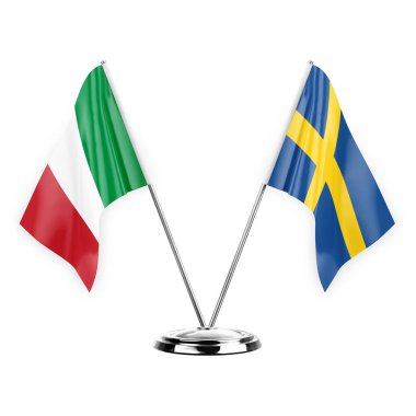 Two table flags isolated on white background 3d illustration, italy and sweden