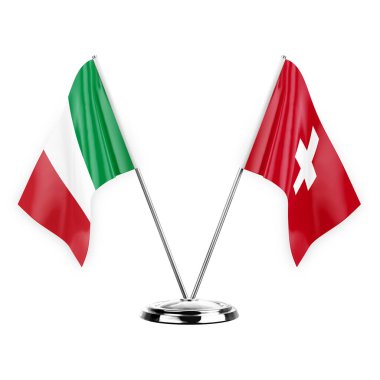 Two table flags isolated on white background 3d illustration, italy and switzerland