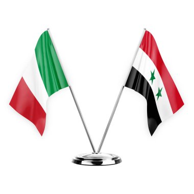 Two table flags isolated on white background 3d illustration, italy and syria