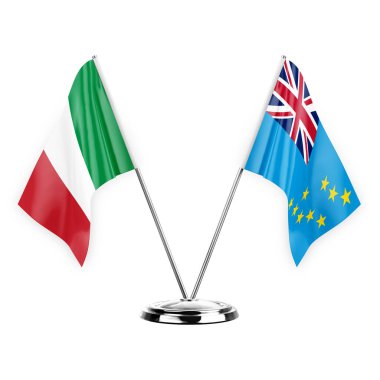 Two table flags isolated on white background 3d illustration, italy and tuvalu