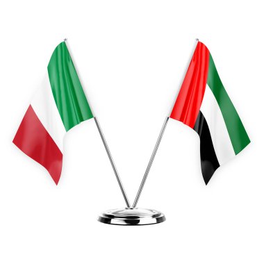 Two table flags isolated on white background 3d illustration, italy and united arab emirates