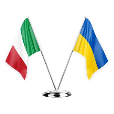 Two table flags isolated on white background 3d illustration, italy and ukraine
