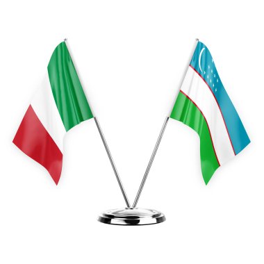 Two table flags isolated on white background 3d illustration, italy and uzbekistan