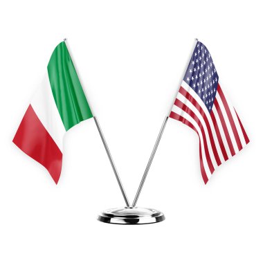 Two table flags isolated on white background 3d illustration, italy and usa
