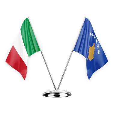 Two table flags isolated on white background 3d illustration, italy and kosovo