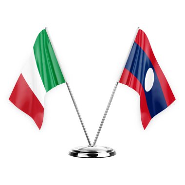 Two table flags isolated on white background 3d illustration, italy and laos