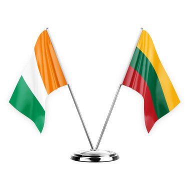 Two table flags isolated on white background 3d illustration, ivory coast and lithuania