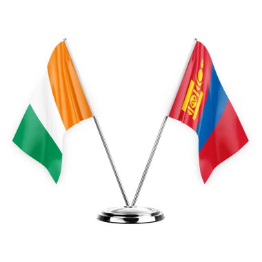 Two table flags isolated on white background 3d illustration, ivory coast and mongolia