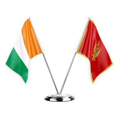 Two table flags isolated on white background 3d illustration, ivory coast and montenegro