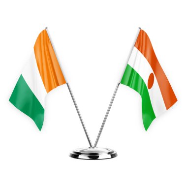 Two table flags isolated on white background 3d illustration, ivory coast and niger