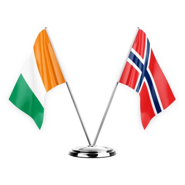 Two table flags isolated on white background 3d illustration, ivory coast and norway
