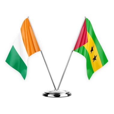 Two table flags isolated on white background 3d illustration, ivory coast and sao tome and principe
