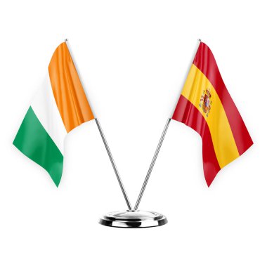 Two table flags isolated on white background 3d illustration, ivory coast and spain