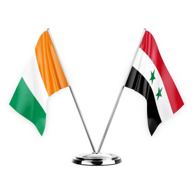 Two table flags isolated on white background 3d illustration, ivory coast and syria