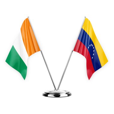 Two table flags isolated on white background 3d illustration, ivory coast and venezuela