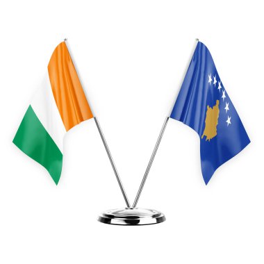 Two table flags isolated on white background 3d illustration, ivory coast and kosovo