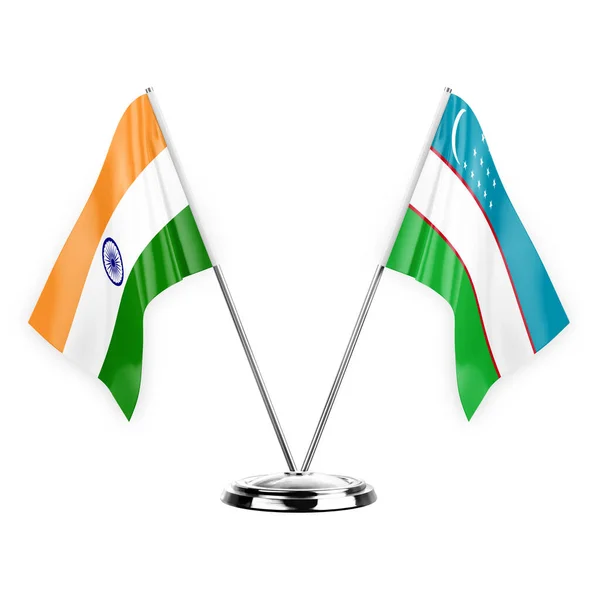 Two Table Flags Isolated White Background Illustration India Uzbekistan — Stock Fotó