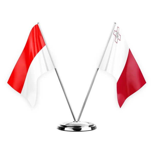 Dos Banderas Mesa Aisladas Sobre Fondo Blanco Ilustración Indonesia Malta — Foto de Stock