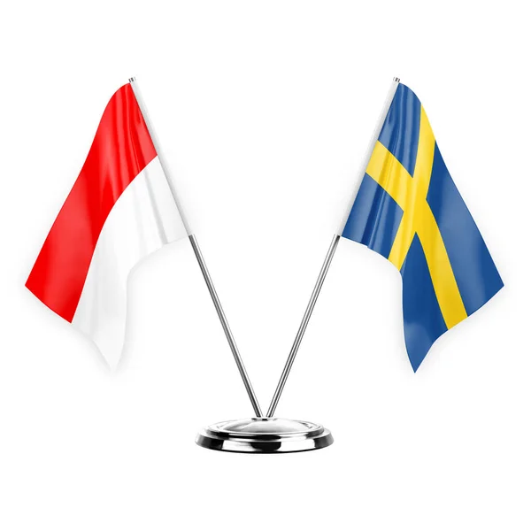 白い背景の3Dイラスト インドネシアとスウェーデンに隔離された2つのテーブルフラグ — ストック写真