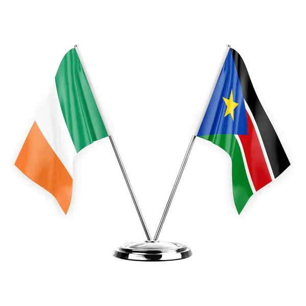 Two Table Flags Isolated White Background Illustration Ireland South Sudan — Stock Photo, Image