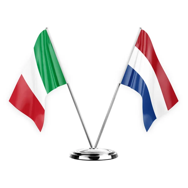 白い背景の3Dイラストで隔離された2つのテーブルフラグ イタリアとオランダ — ストック写真