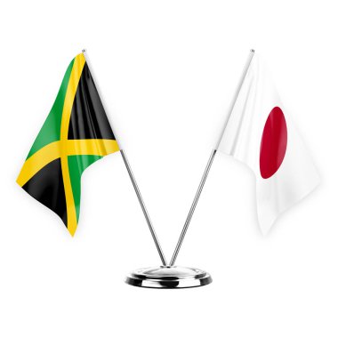 Two table flags isolated on white background 3d illustration, jamaica and japan