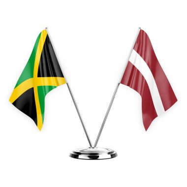 Two table flags isolated on white background 3d illustration, jamaica and latvia