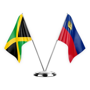 Two table flags isolated on white background 3d illustration, jamaica and liechtenstein