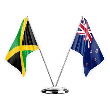 Two table flags isolated on white background 3d illustration, jamaica and new zealand