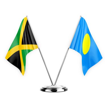 Two table flags isolated on white background 3d illustration, jamaica and palau