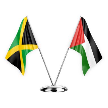 Two table flags isolated on white background 3d illustration, jamaica and palestine
