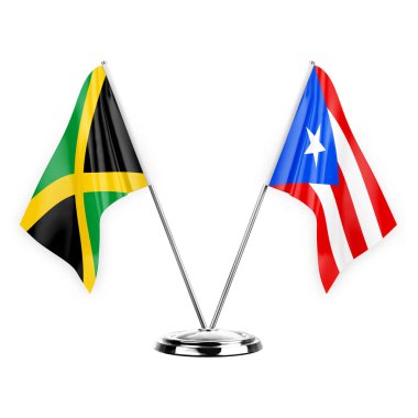 Two table flags isolated on white background 3d illustration, jamaica and puerto rico
