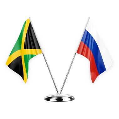 Two table flags isolated on white background 3d illustration, jamaica and russia