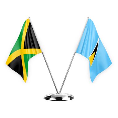 Two table flags isolated on white background 3d illustration, jamaica and saint lucia