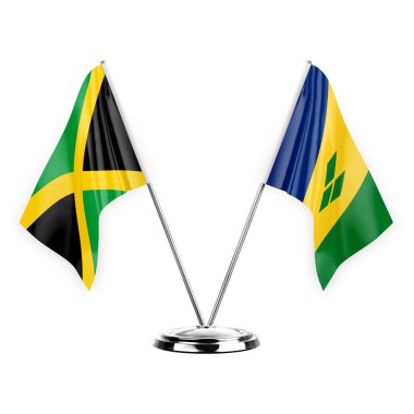 Two table flags isolated on white background 3d illustration, jamaica and saint vincent and the grenadines