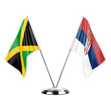 Two table flags isolated on white background 3d illustration, jamaica and serbia