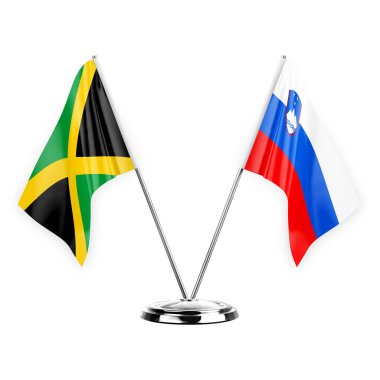 Two table flags isolated on white background 3d illustration, jamaica and slovenia